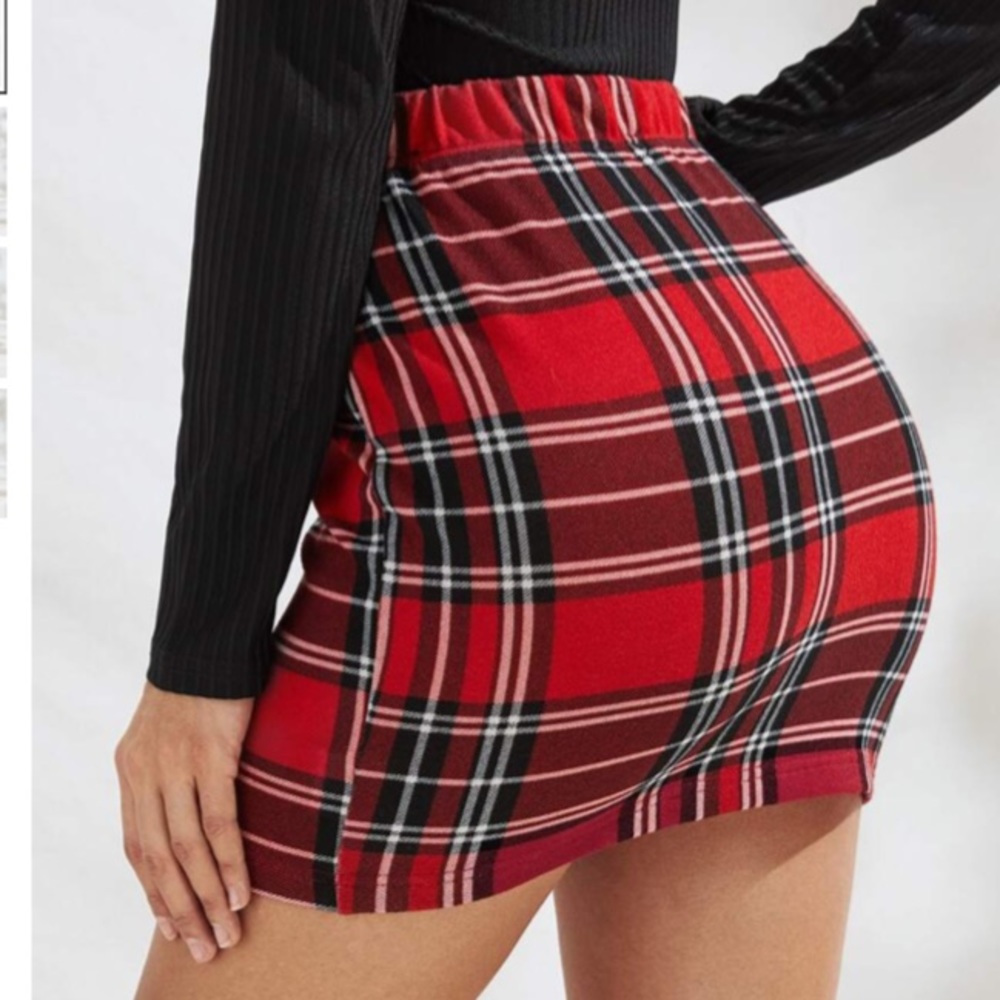 RED PREPPY TARTAN PATTERN BODYCON MINI SKIRT - Picture 2 of 9